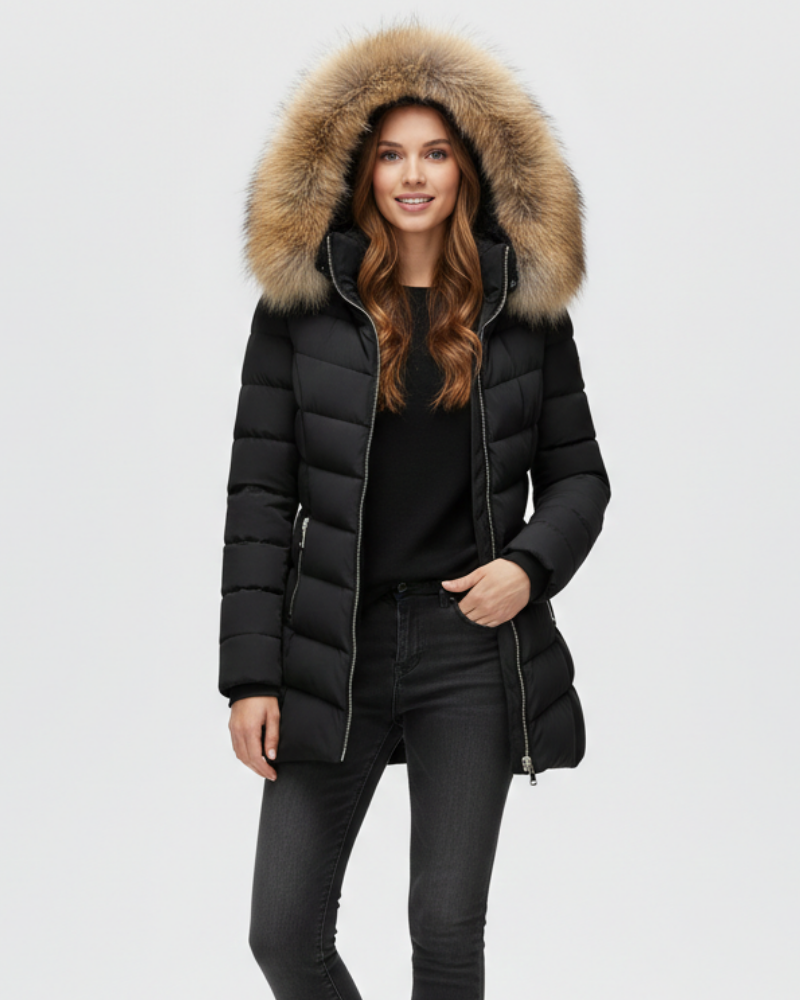 Anne Women's Down Jacket with Hood – Chevron Quilting & Faux Fur Collar