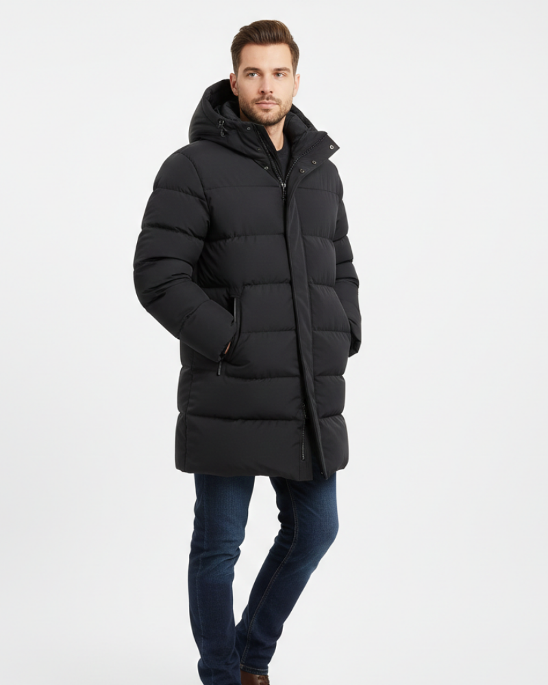 Arlo Long Puffer Coat for Men – Warm Winter Down Jacket with Hood & Protective Fit