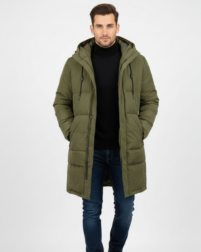 Arlo Long Puffer Coat for Men – Warm Winter Down Jacket with Hood & Protective Fit