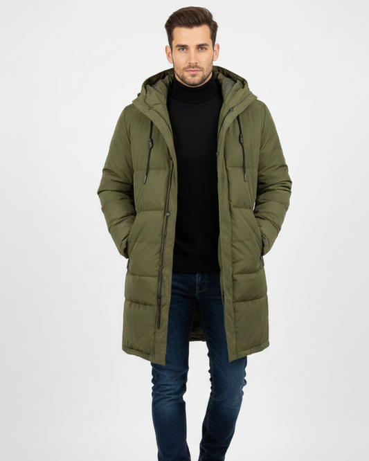 Arlo Long Puffer Coat for Men – Warm Winter Down Jacket with Hood & Protective Fit
