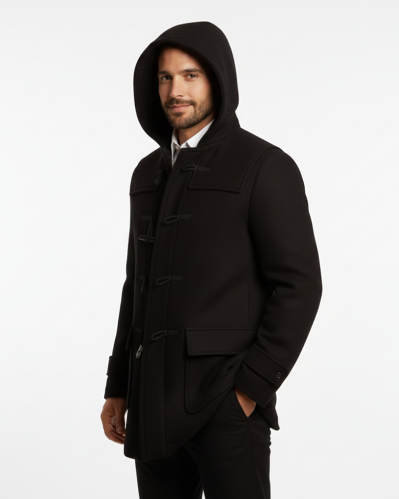 Joen Long Trench Coat for Men – Scandinavian Hooded Coat with Horn Buttons & Retro Style