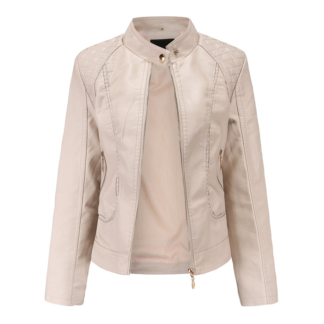 Janiyah Women's Leather Jacket front view-beige