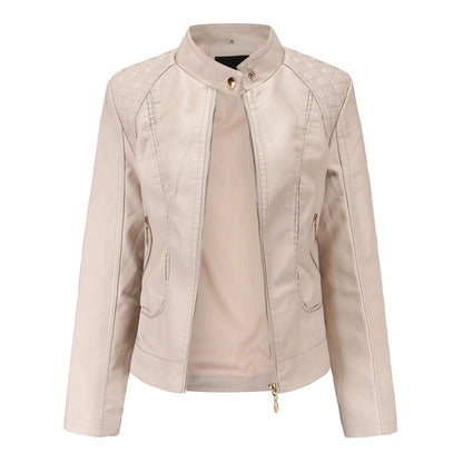 Janiyah Women's Leather Jacket front view-beige