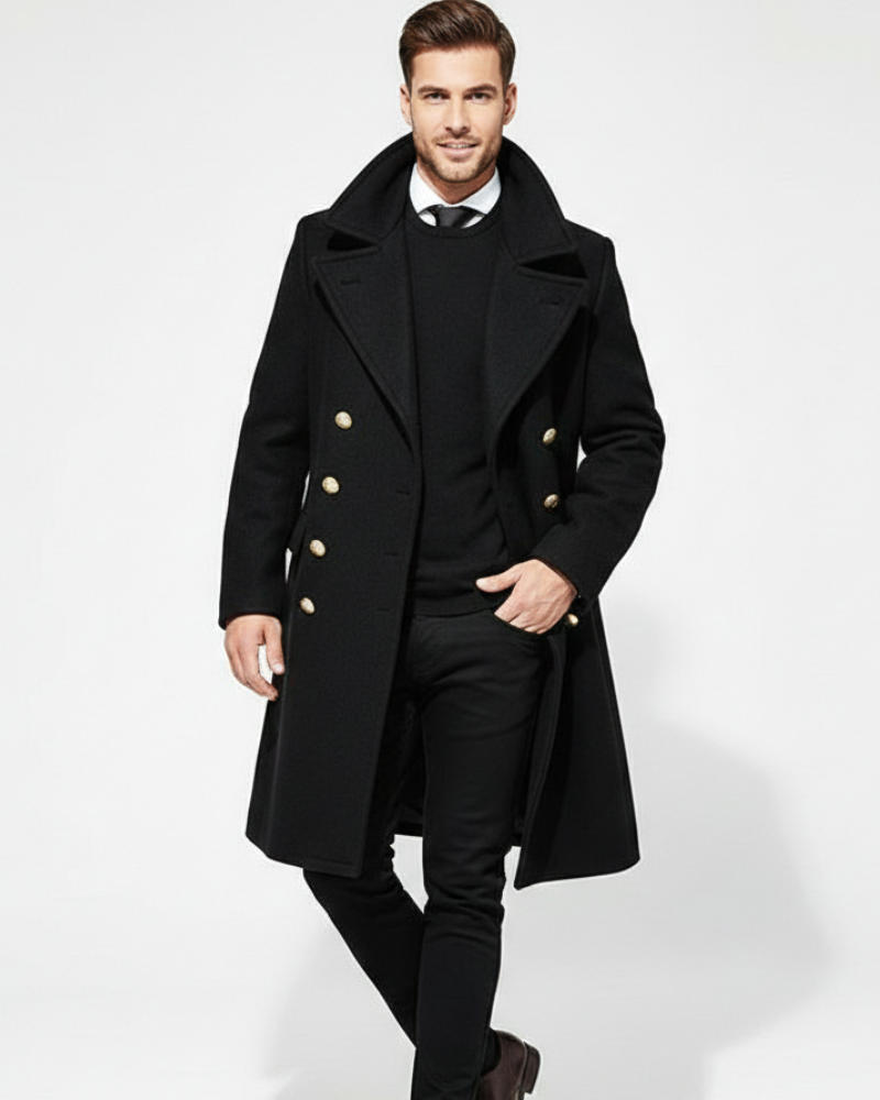 Kinsley Long Coat for Men – Classic Notch Collar, Double Breasted & Elegant Style