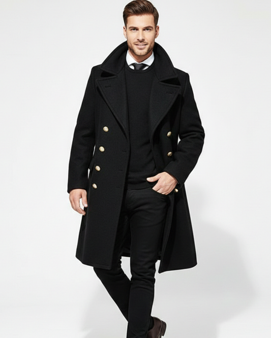 Kinsley Long Coat for Men – Classic Notch Collar, Double Breasted & Elegant Style