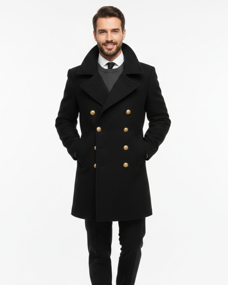 Kinsley Long Coat for Men – Classic Notch Collar, Double Breasted & Elegant Style