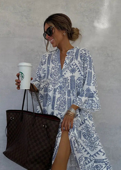 Anastasia Robe Maxi Femme – Robe d'Été Bohème avec Décolleté en V & Imprimé Fleuri Aéré
