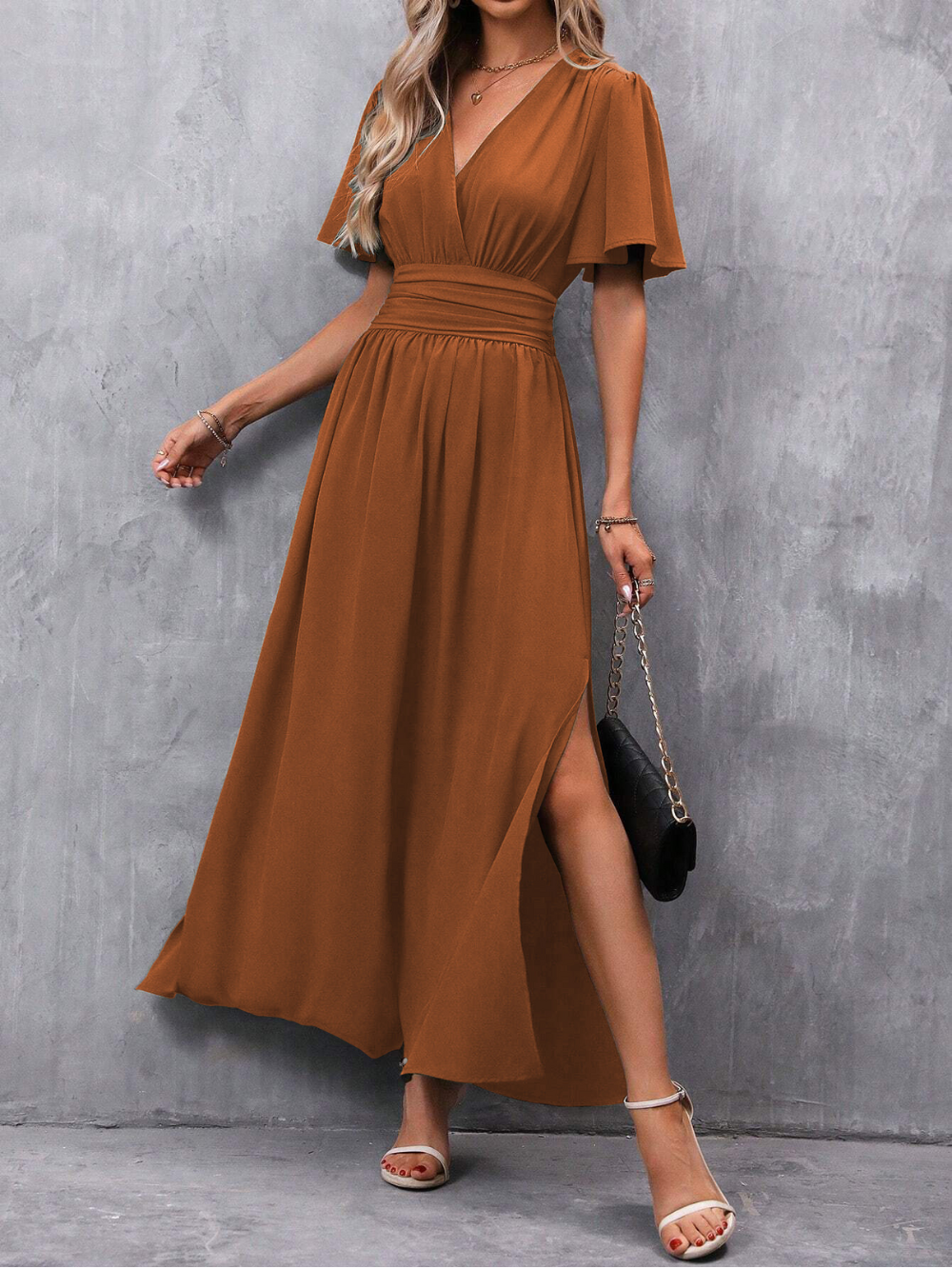 Eliza Long Dress for Women – Elegant Dress with Belt and Flowing Skirt for Luxury Occasions