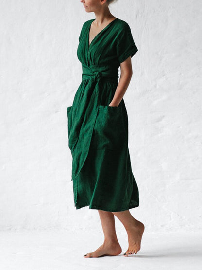 Léonie Robe Portefeuille en Lin Femme – Robe Élégante et Légère avec Coupe Ajustable Été