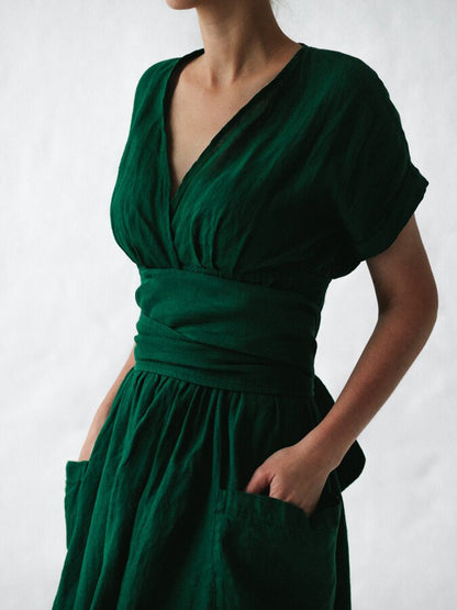 Léonie Robe Portefeuille en Lin Femme – Robe Élégante et Légère avec Coupe Ajustable Été