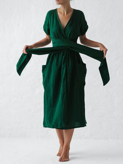 Léonie Robe Portefeuille en Lin Femme – Robe Élégante et Légère avec Coupe Ajustable Été