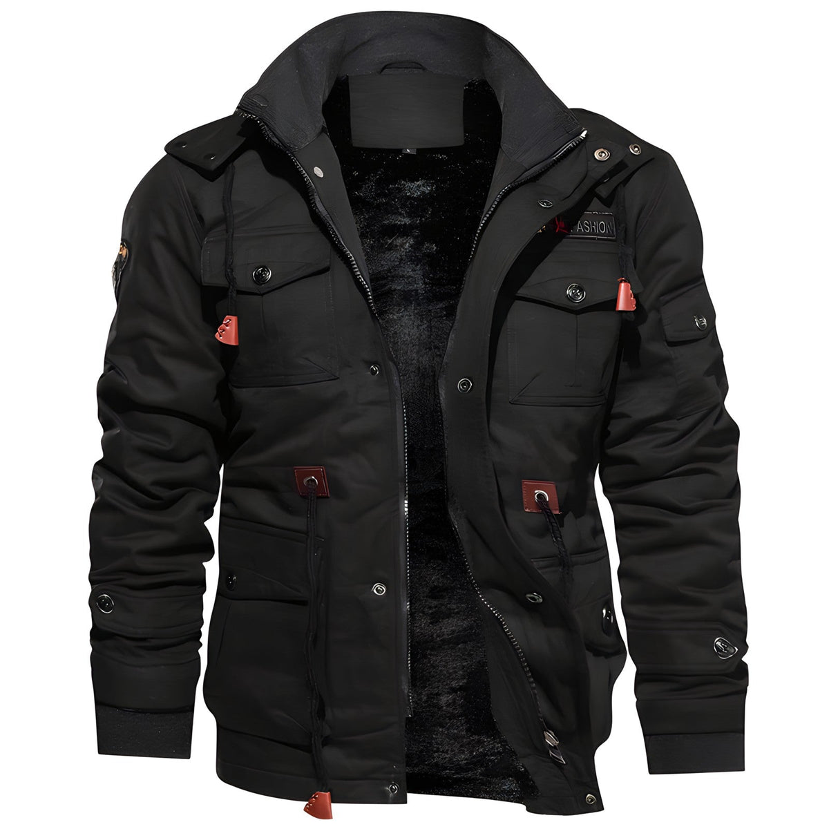 Fleece Lined Military Jacket with adjustable fit- black front view