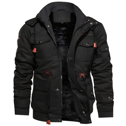 Fleece Lined Military Jacket with adjustable fit- black front view