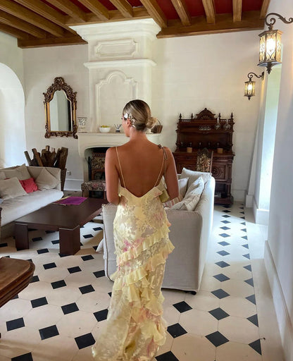 Robe Longue Femme Estella – Élégante Robe à Volants avec Dos Nu & Coupe Fluide