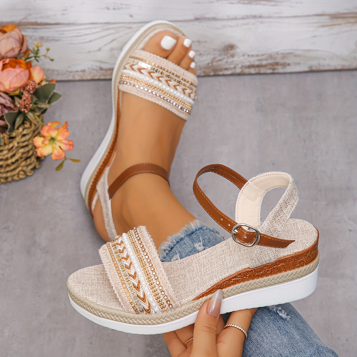 Lunaria Sandales Femme – Sandales à Talon Compensé Confortables avec Strass Chic pour l’Été