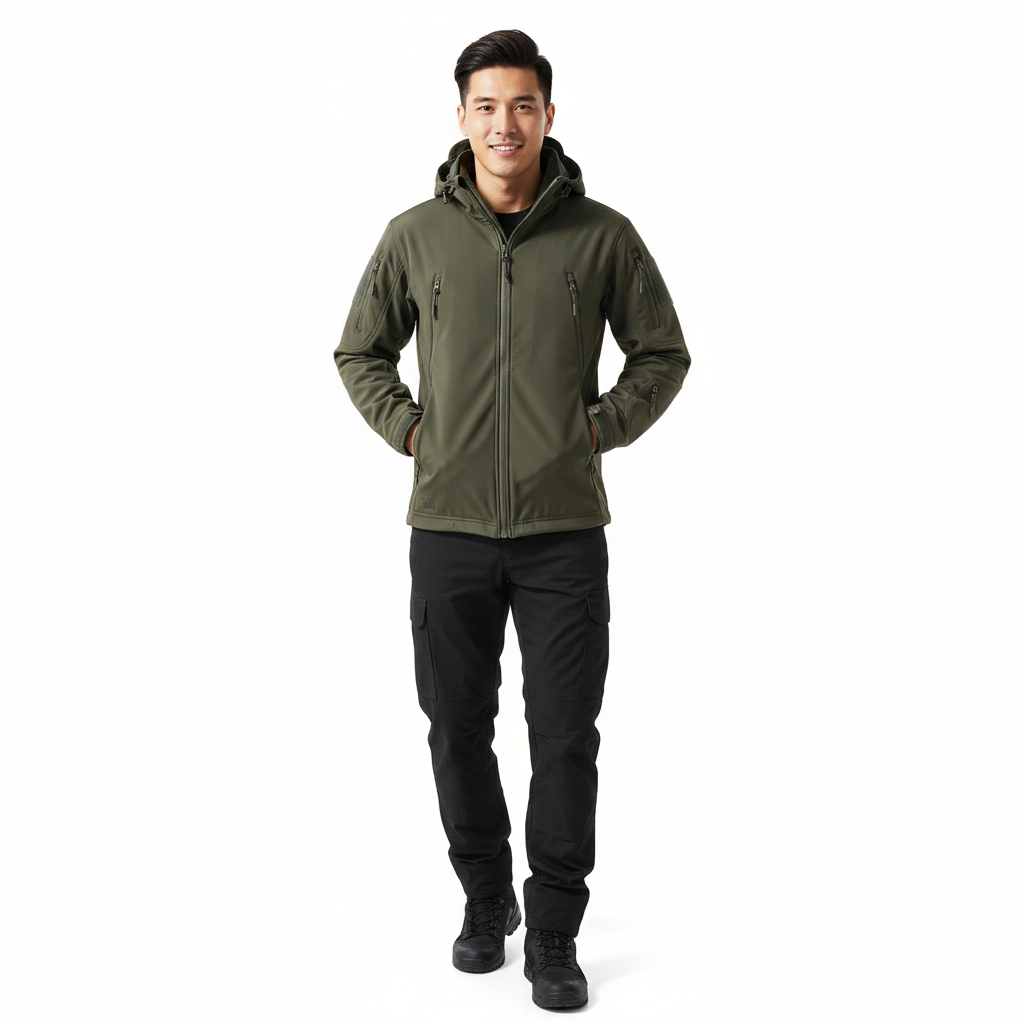 Lusian Men's Softshell Jacket – Adjustable Hooded Coat with Zipper Closure and Pockets