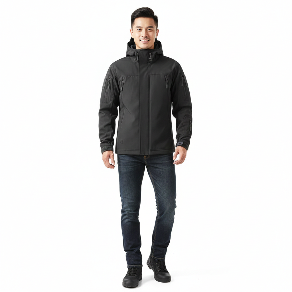 Lusian Men's Softshell Jacket – Adjustable Hooded Coat with Zipper Closure and Pockets