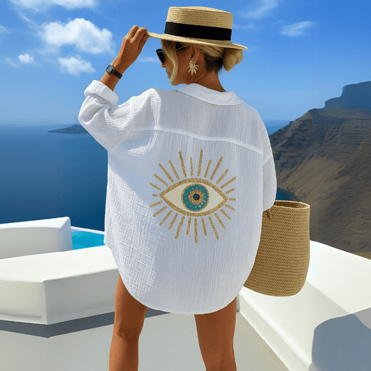 Jamie Women's Bohemian Shirt – Lightweight Cotton Beach Tunic with Protective Eye Embroidery
