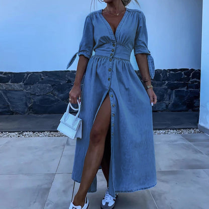 Jane Robe en Jean Femme – Robe Longue en Denim avec Boutons & Look Féminin Décontracté