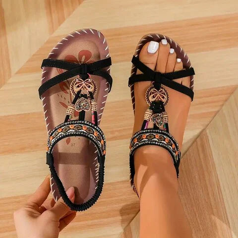 Lainey Sandales Femme – Élégantes Sandales Boho à Semelle Plate avec Look Ethnique Naturel
