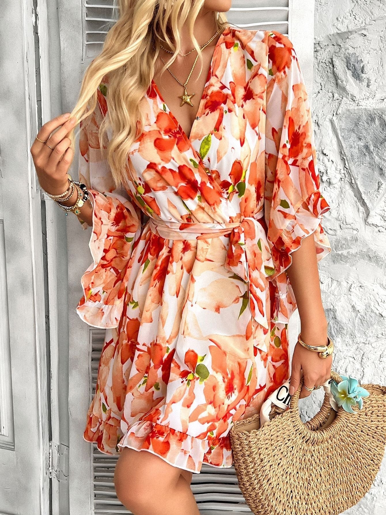 Emily Robe Portefeuille Femme – Robe Légère à Imprimé Fleuri avec Ceinture Ajustable & Volants