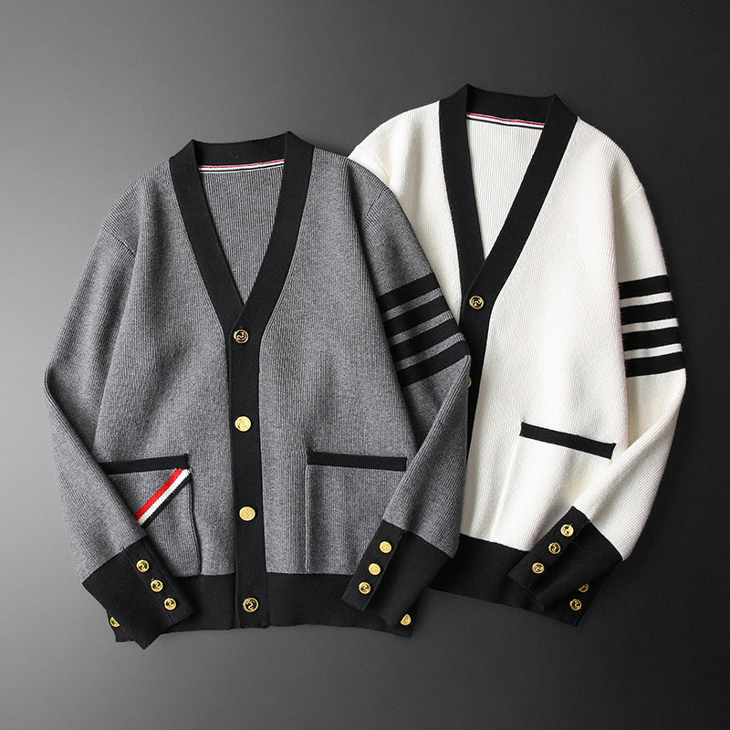 Hans Cardigan Homme Cachemire – Élégant, Rayé avec Col V, Boutons Dorés & Poches Pratiques