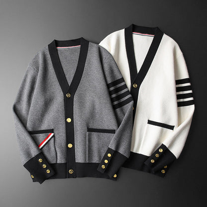 Hans Cardigan Homme Cachemire – Élégant, Rayé avec Col V, Boutons Dorés & Poches Pratiques