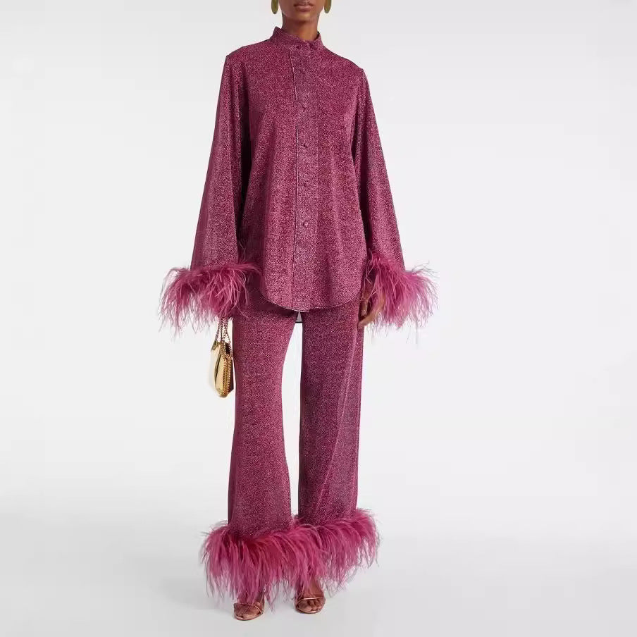 Women's Laila Set – Elegant Two-Piece Outfit with Feather Collar & Loose Fit
