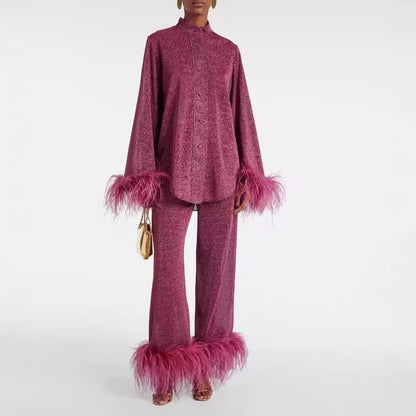Women's Laila Set – Elegant Two-Piece Outfit with Feather Collar & Loose Fit