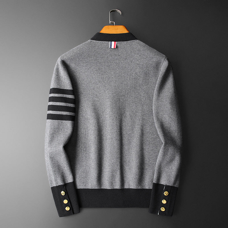 Hans Cardigan Homme Cachemire – Élégant, Rayé avec Col V, Boutons Dorés & Poches Pratiques