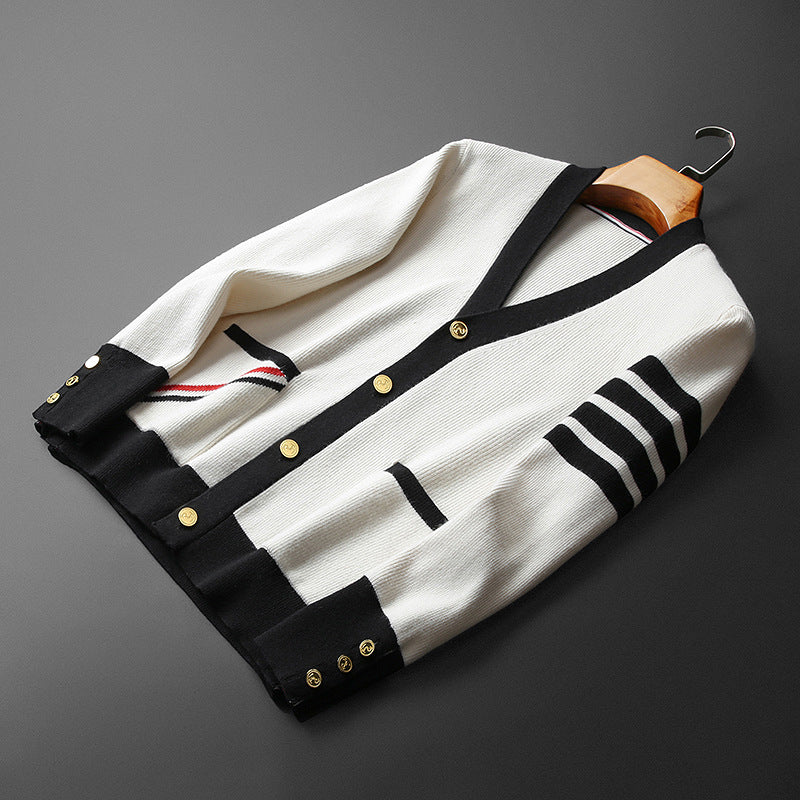Hans Cashmere Cardigan for Men – Elegant, Striped with V-Neck, Gold Buttons & Practical Pockets