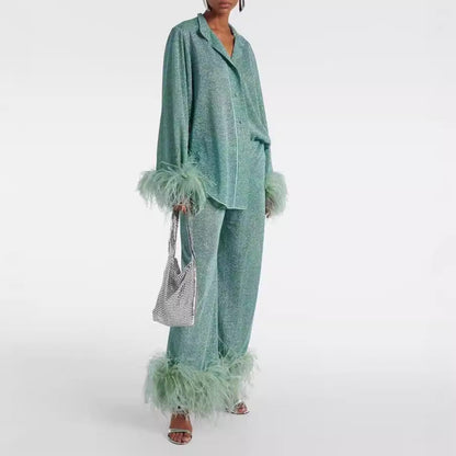Women's Laila Set – Elegant Two-Piece Outfit with Feather Collar & Loose Fit