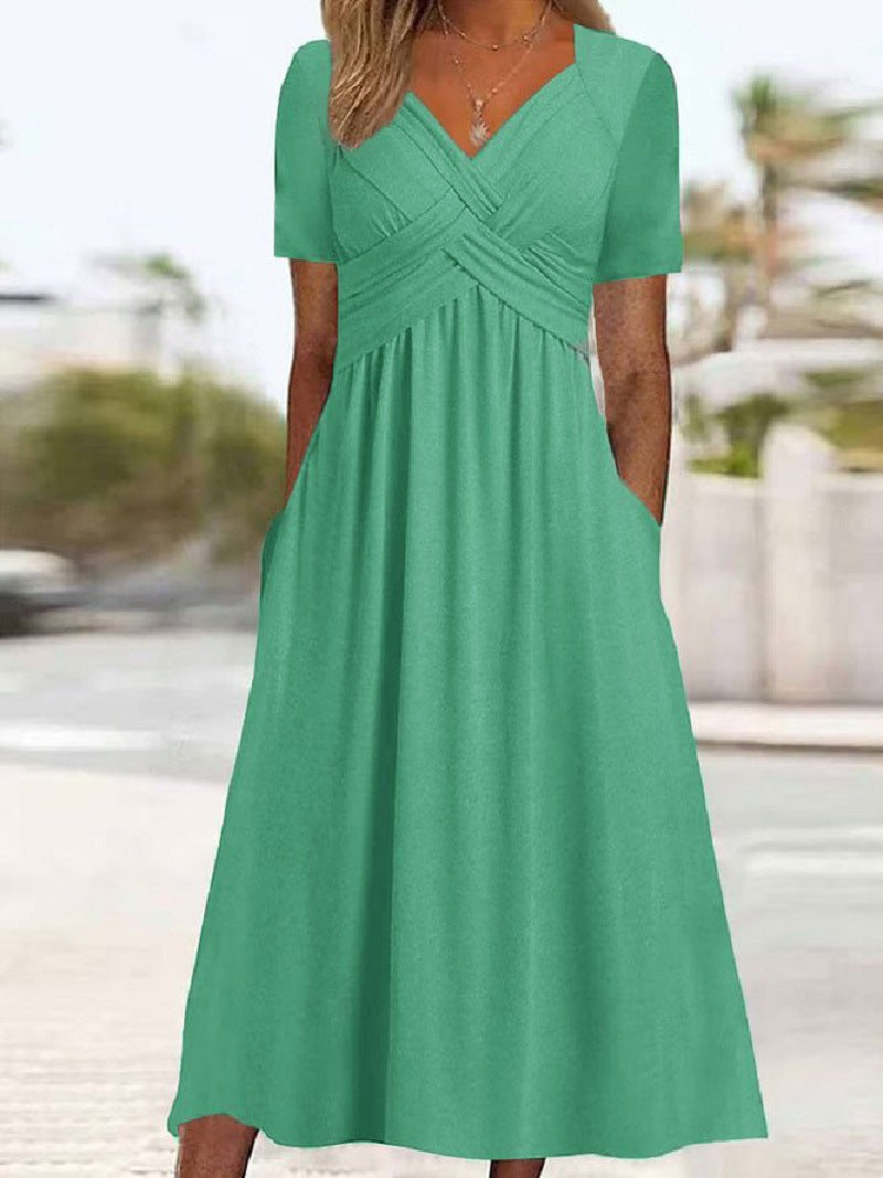 Elisabeth Robe Midi Femme – Robe Élégante avec Col en V, Coupe Fluide & Style Intemporel
