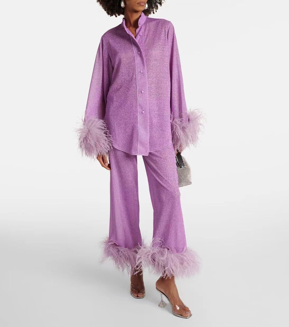 Women's Laila Set – Elegant Two-Piece Outfit with Feather Collar & Loose Fit