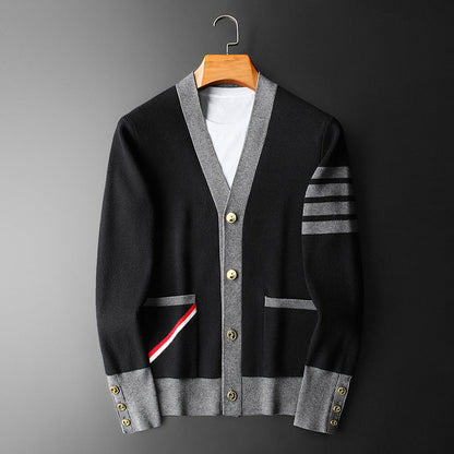 Hans Cardigan Homme Cachemire – Élégant, Rayé avec Col V, Boutons Dorés & Poches Pratiques
