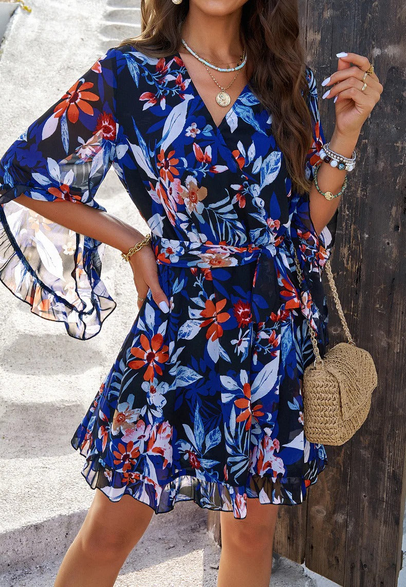 Emily Robe Portefeuille Femme – Robe Légère à Imprimé Fleuri avec Ceinture Ajustable & Volants