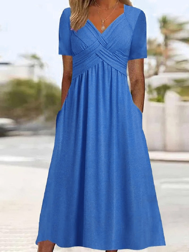 Elisabeth Robe Midi Femme – Robe Élégante avec Col en V, Coupe Fluide & Style Intemporel