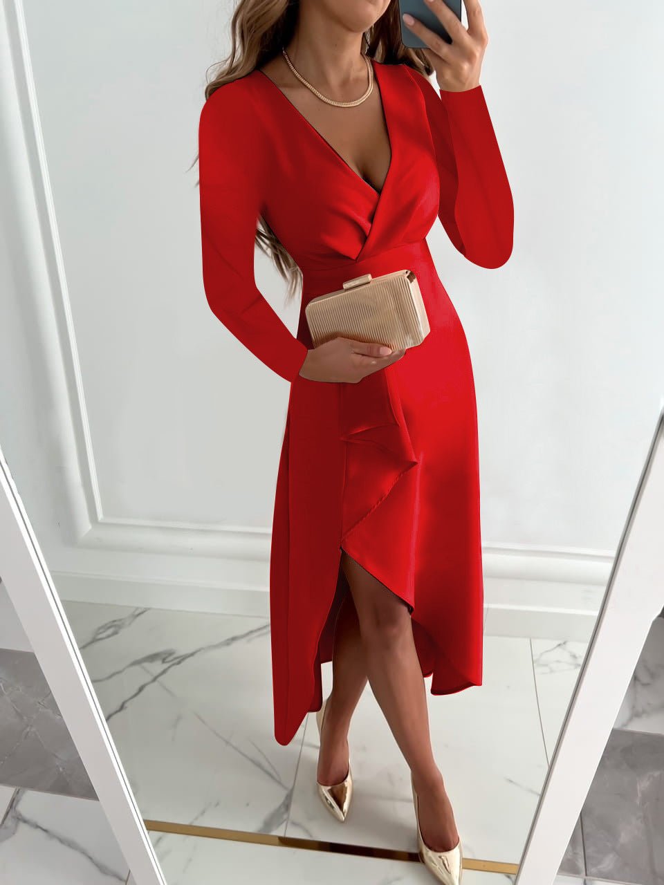 Tessa Elegant Women's Dress – Long Sleeve V-Neck Dress with Chic and Comfortable Fit