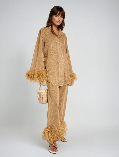 Women's Laila Set – Elegant Two-Piece Outfit with Feather Collar & Loose Fit