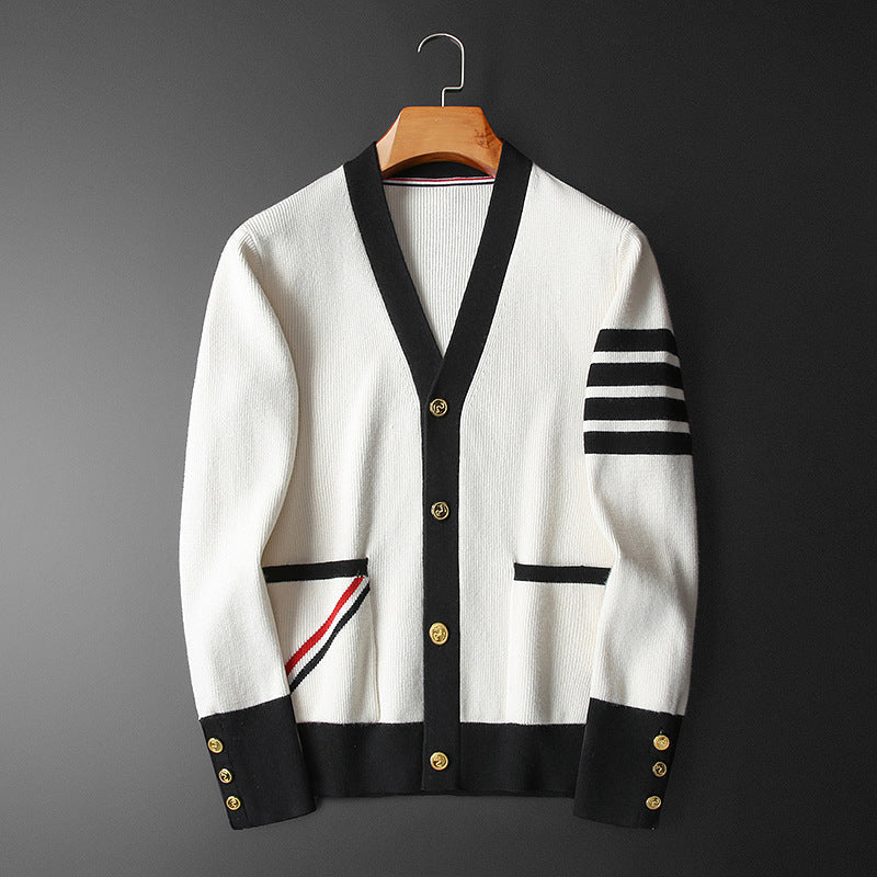 Hans Cashmere Cardigan for Men – Elegant, Striped with V-Neck, Gold Buttons & Practical Pockets