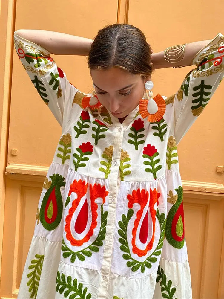 Celia Maxi Dress for Women – Long Cotton Dress with Bohemian Embroidery & Colorful Details