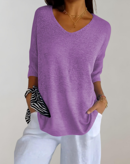 Marise Haut Tricoté Femme – Haut Long Léger avec Col en V & Look Décontracté Élégant
