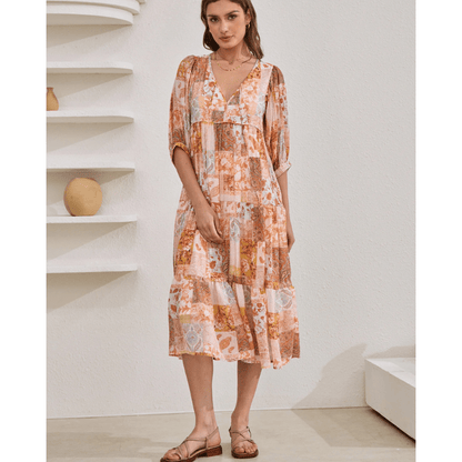 Rosina Robe Longue Looksy – Imprimé Bohème Abstrait & Coupe Fluide à Étages