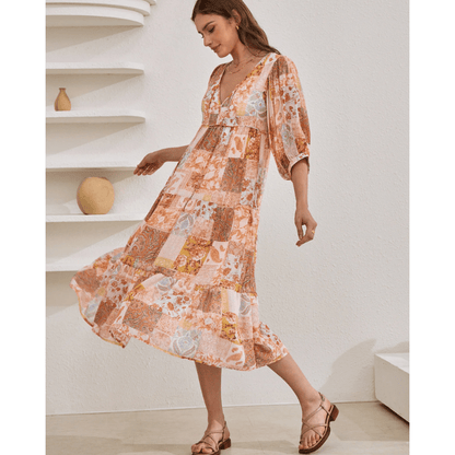 Rosina Robe Longue Looksy – Imprimé Bohème Abstrait & Coupe Fluide à Étages