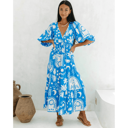 Rosina Robe Longue Looksy – Imprimé Bohème Abstrait & Coupe Fluide à Étages