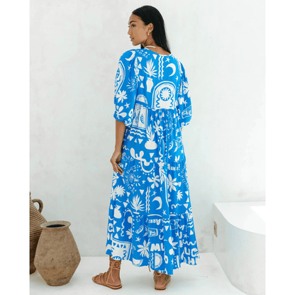 Rosina Robe Longue Looksy – Imprimé Bohème Abstrait & Coupe Fluide à Étages