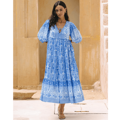 Rosina Robe Longue Looksy – Imprimé Bohème Abstrait & Coupe Fluide à Étages