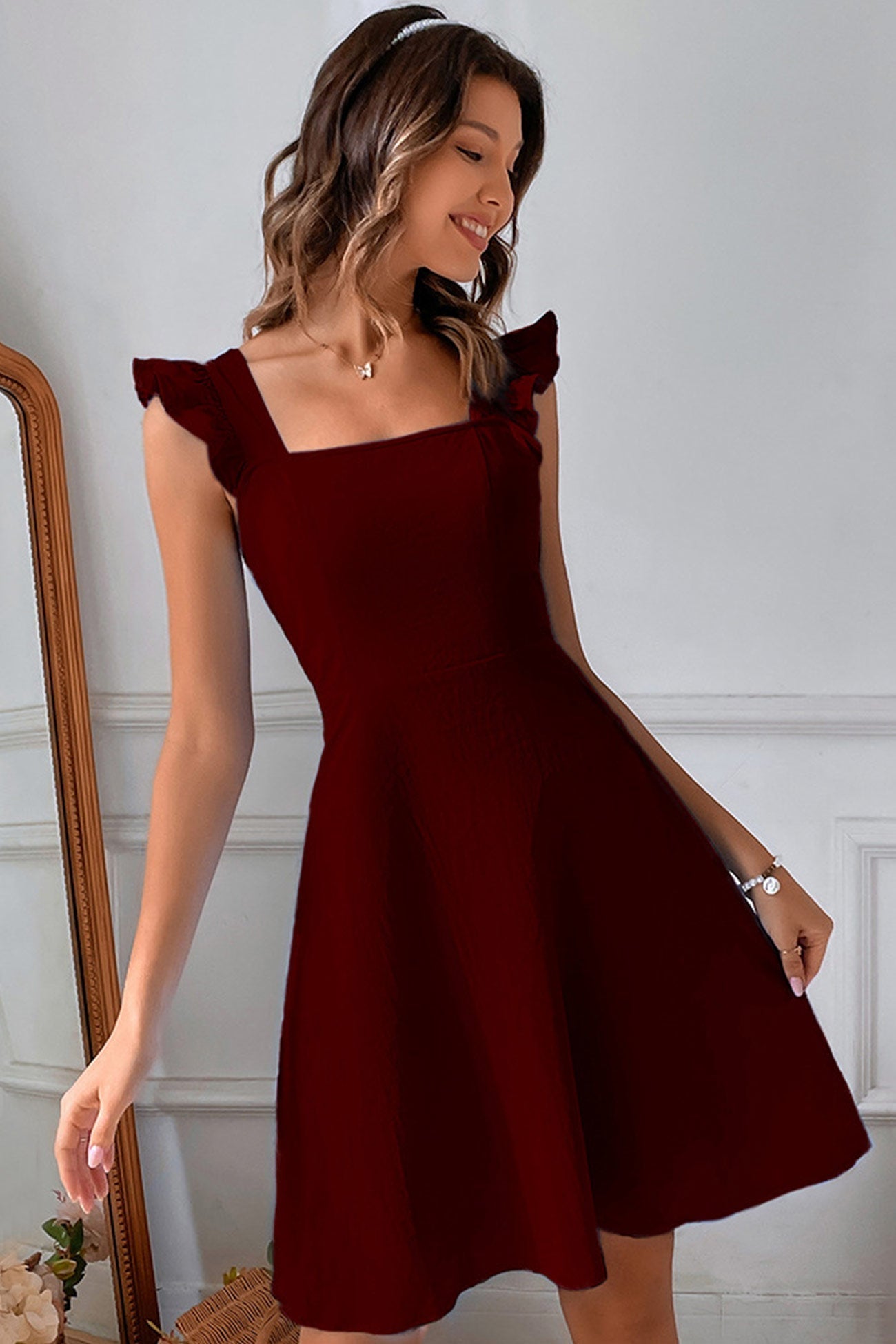 Addison Women's Summer Dress – Sleeveless Mini Dress with Square Neckline, Ruffles & Open Back