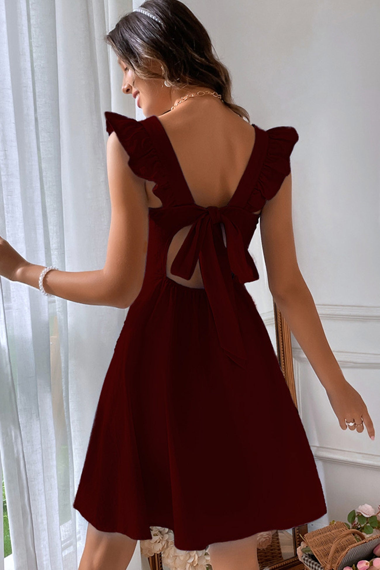 Addison Women's Summer Dress – Sleeveless Mini Dress with Square Neckline, Ruffles & Open Back
