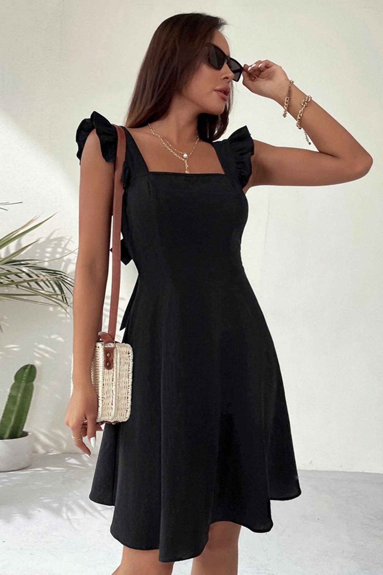 Addison Women's Summer Dress – Sleeveless Mini Dress with Square Neckline, Ruffles & Open Back